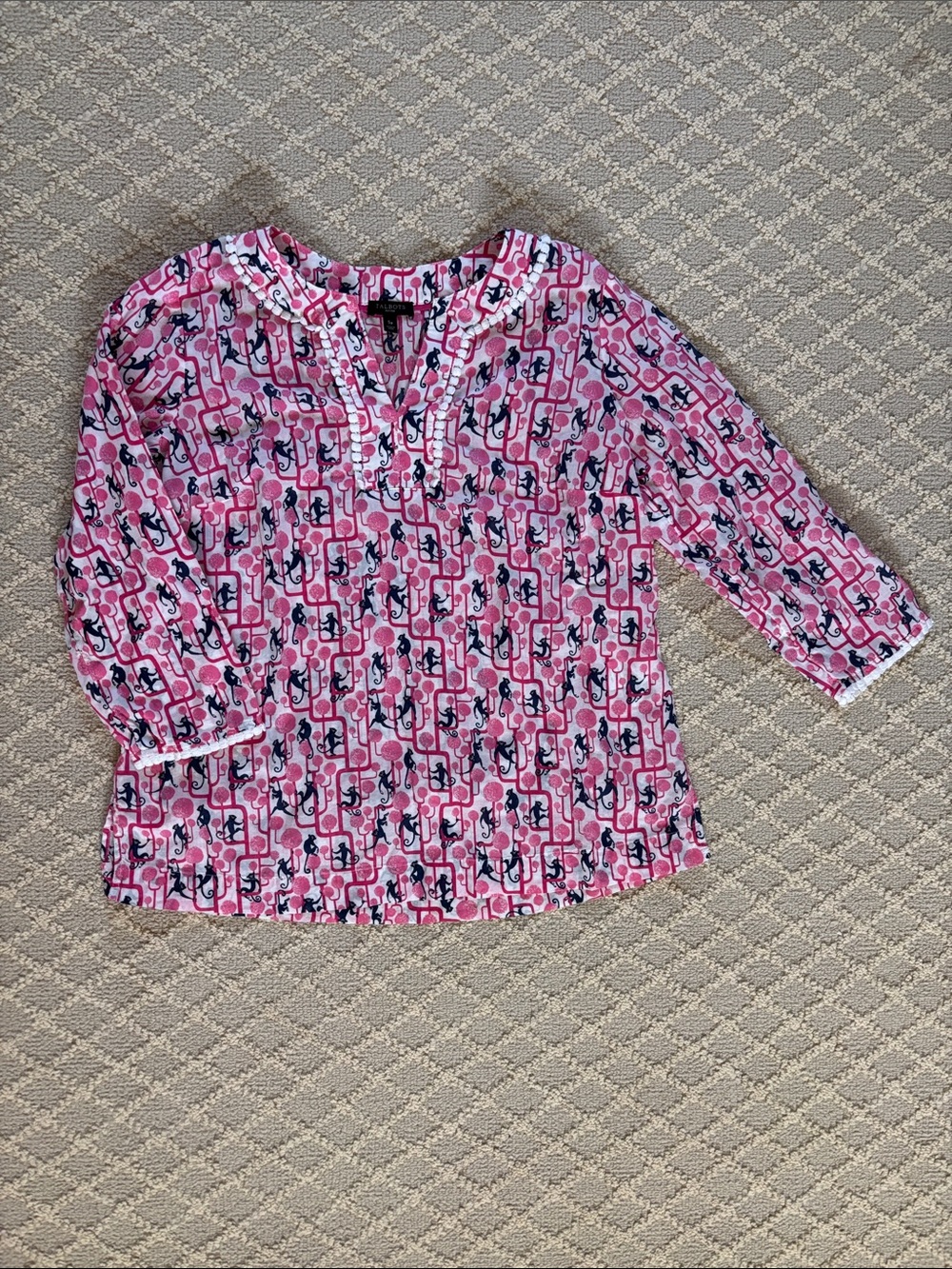 Talbots Pink and Navy Printed 3/4 Length Sleeve Tunic Blouse
